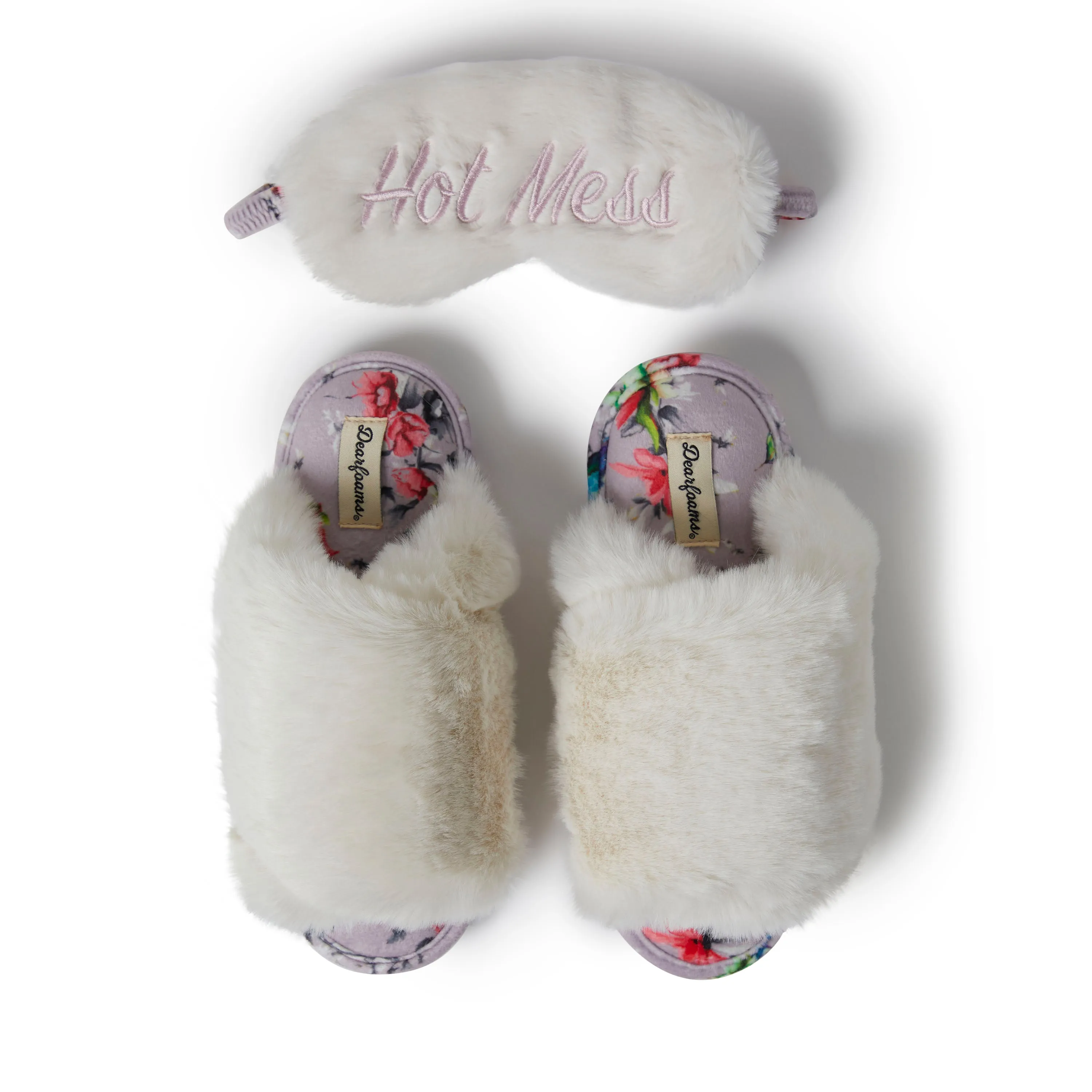 Reformation Dearfoams Womens Louise Furry Cross Band Slide with Eyemask