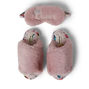 Reformation Dearfoams Womens Louise Furry Cross Band Slide with Eyemask